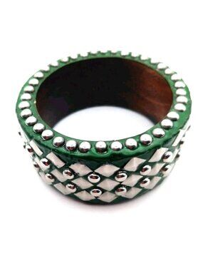 Gothic Wood Bangle 5 Row Metal Studded Green Heavy Bracelet